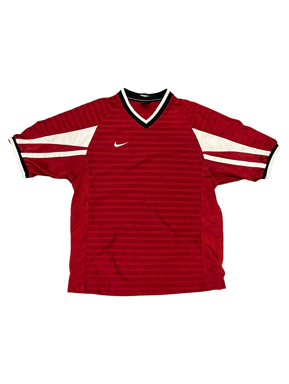 Vintage Nike Red White Soccer Football Jersey Size Small V-Neck Striped